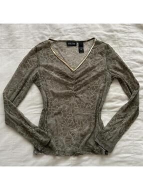 NY & Co Olive Taupe Floral Mesh Ruched Top Whimsigoth Y2K Size Small